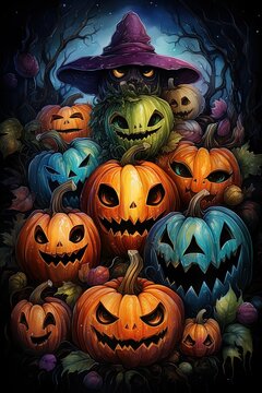 Halloween Jack. lantern pattern dark multicolored detailed shading watercolors, ornate