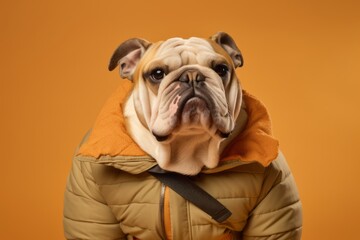 Environmental portrait photography of a funny bulldog wearing a puffer jacket against a beige background. With generative AI technology
