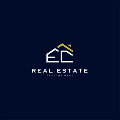 modern EC letter real estate logo in linear style with simple roof building in blue - obrazy, fototapety, plakaty