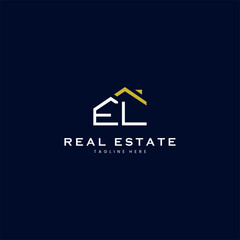 modern EL letter real estate logo in linear style with simple roof building in blue - obrazy, fototapety, plakaty