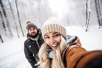 Fototapeta na wymiar shot of a young couple taking selfies while playing in the snow