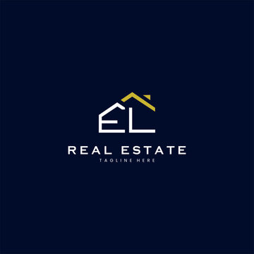 modern EL letter real estate logo in linear style with simple roof building in blue