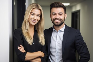 portrait of two smiling coworkers standing in the office