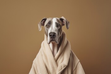Close-up portrait photography of a funny great dane wearing a plush robe against a beige background. With generative AI technology