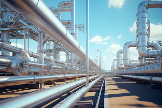 Pipe infrastructure adjacent to factory buildings; gasification manufacturing idea. 3D visualization. Generative AI