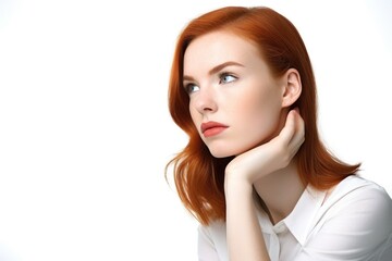 shot of a young woman looking thoughtful against a white background
