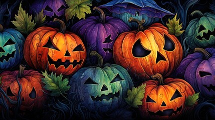 Halloween Jack. lantern pattern dark multicolored detailed shading watercolors, ornate