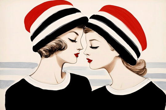 Generative AI illustration of loving lesbian couple with striped t-shirt