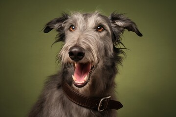 Lifestyle portrait photography of a happy scottish deerhound wearing a spiked collar against a beige background. With generative AI technology