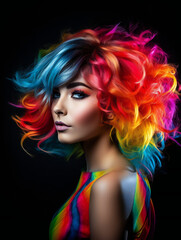 Partying woman portrait with colorful style. Isolated black background..Generative AI.