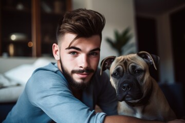 shot of a young man with his dog at home