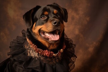 Obraz premium Environmental portrait photography of a smiling rottweiler wearing a frilly dress against a warm taupe background. With generative AI technology
