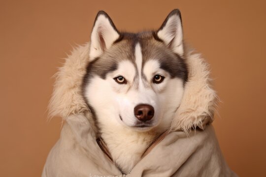 Headshot portrait photography of a funny siberian husky wearing a sherpa coat against a warm taupe background. With generative AI technology