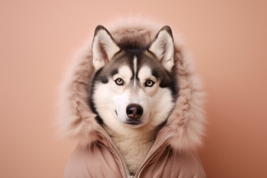 Headshot portrait photography of a funny siberian husky wearing a sherpa coat against a warm taupe background. With generative AI technology