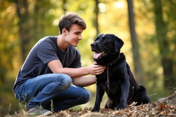 a shot of a handsome young man petting his dog outside