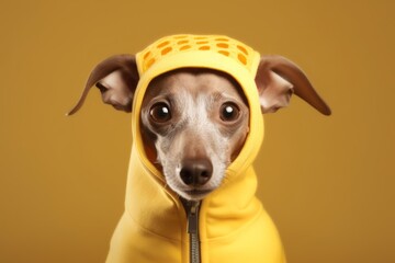 Close-up portrait photography of a smiling italian greyhound dog wearing a bee costume against a warm taupe background. With generative AI technology