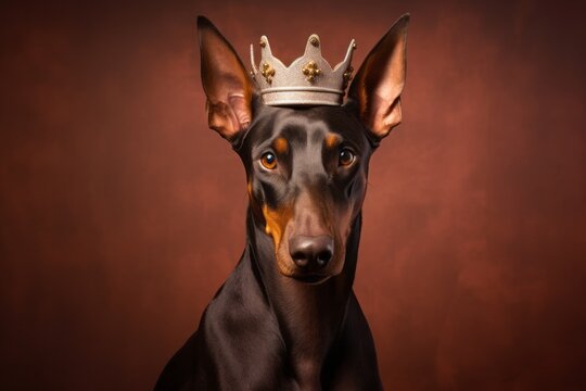 Headshot portrait photography of a smiling doberman pinscher wearing a princess crown against a warm taupe background. With generative AI technology