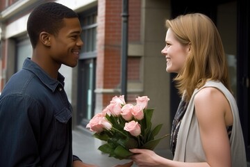 a young man greeting a female friend