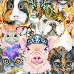 Seamless pattern of dog, guinea pig, cat, mini pig and rat. Watercolor hand drawn illustration