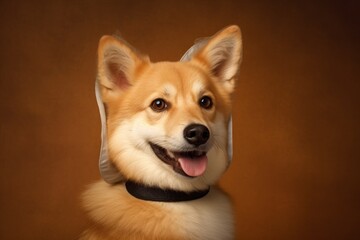 Headshot portrait photography of a happy norwegian lundehund wearing a paw protector against a warm taupe background. With generative AI technology