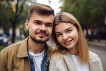 portrait of a smiling young couple standing together outdoors