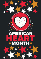 Fototapeta na wymiar American Heart Month in United States. Celebrate annual in February. Nationwide problem of heart and blood vessel diseases. Medical healthcare concept. Support and protection campaign. Vector poster