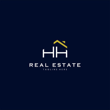 modern HH letter real estate logo in linear style with simple roof building in blue