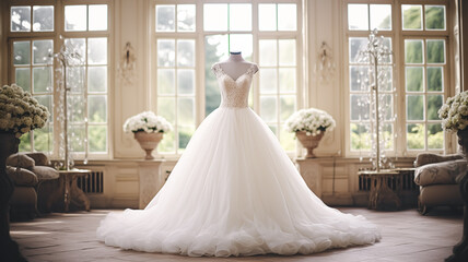 Wedding drees, bridal gown style and bespoke fashion, full-legth white tailored ball gown in showroom, tailor fitting, beauty and wedding