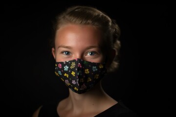 a young woman wearing a smiley face mask against a black background