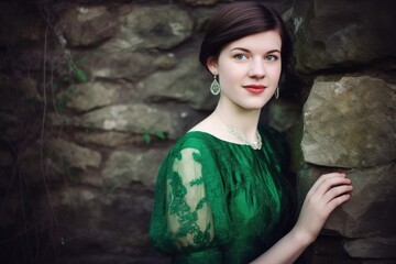 a young woman wearing a green dress