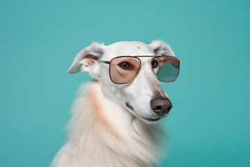 Group portrait photography of a cute borzoi wearing a trendy sunglasses against a tropical teal background. With generative AI technology