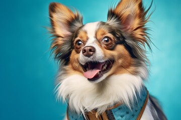 Close-up portrait photography of a happy papillon dog wearing a denim vest against a tropical teal background. With generative AI technology