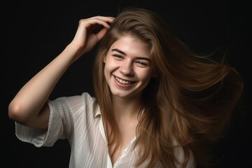 Obraz premium a casual young woman holding her hair in one hand and smiling