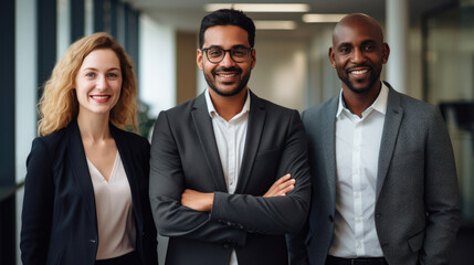 Happy business team standing together at office. Generative AI