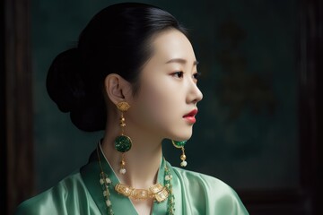 a fashionable woman wearing a jade necklace