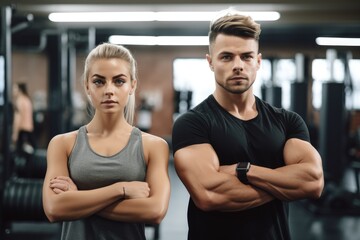 Fototapeta na wymiar shot of a young man and woman crossing their arms during a workout at the gym