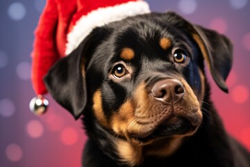 Close-up portrait photography of a cute rottweiler wearing a christmas hat against a ruby red background. With generative AI technology