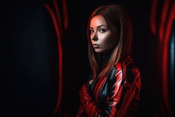 Fototapeta premium young woman in futuristic red and black outfit posing