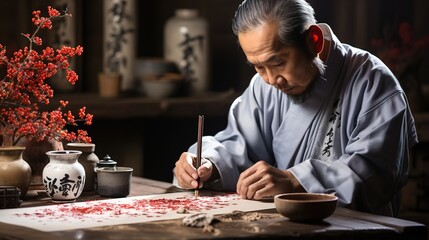 Japanese man demonstrates writing kanji. Art, tradition