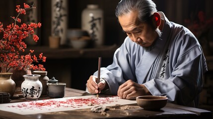 Fototapeta premium Japanese man demonstrates writing kanji. Art, tradition