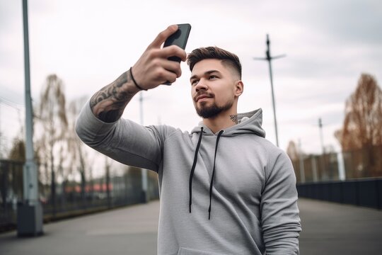 shot of a young man using his smartphone to take pictures during his outdoor workout