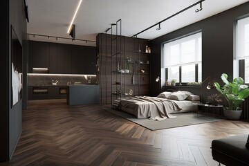 Elegant loft-style studio with a flexible layout, dark tones, wooden parquet floor, and 3D panel wall. Generative AI