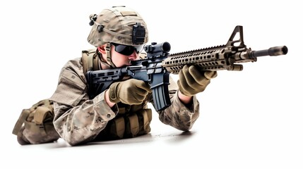 Fototapeta premium Military Soldier Aiming Rifle Isolated on White. Generative ai
