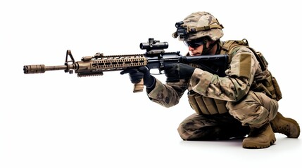 Fototapeta premium Military Soldier Aiming Rifle Isolated on White. Generative ai