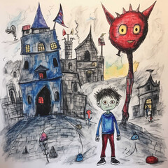 Hand drawn grunge sketch of boy standing outside haunted house