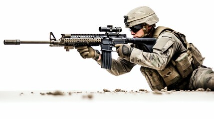 Fototapeta premium Military Soldier Aiming Rifle Isolated on White. Generative ai