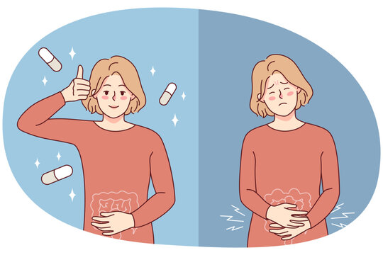 Unhealthy woman suffer from stomachache and feel better after pill. Girl taking medication from belly pain. Medicine and pharmacology. Vector illustration.