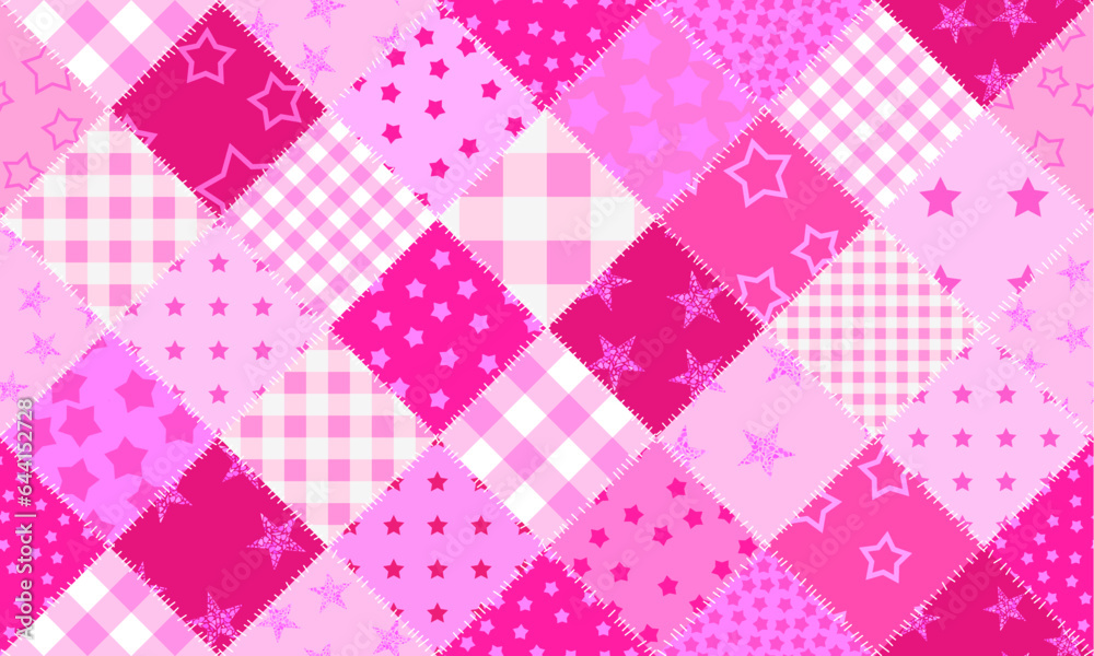 Poster Textille patchwork pattern. Pink pattern in Barbie style. Seamless Vector image.