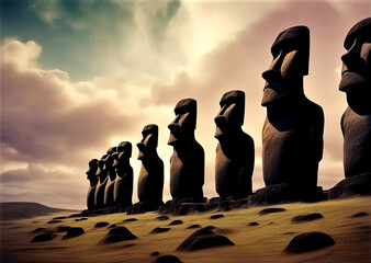 Moai figures easter island sunset  - Created with Generative AI Technology - obrazy, fototapety, plakaty