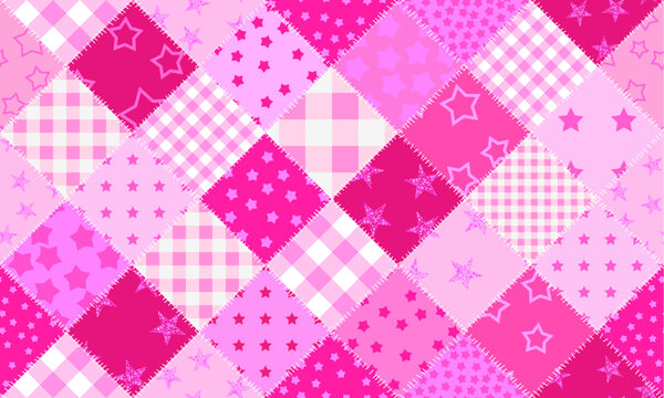 Textille patchwork pattern. Pink pattern in Barbie style. Seamless Vector image.